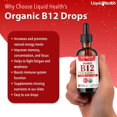 Liquidhealth Organic Methyl Vitamin B12 Methylcobalamin Liquid Drops with Tart Cherry Juice - Boost Energy Support Immune System Improve Memory & Concentration - Vegan Sugar Non-GMO (2 oz)