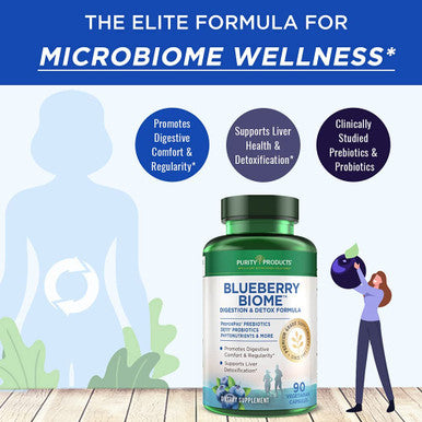 Blueberry Biome by Purity Products Digestion Detox Formula Promotes a Healthy MicroBiome More PreforPro Prebiotic DE111 Probiotic BroccoRaphanin Antioxidant Fruit Veggie Blend 90 Caps