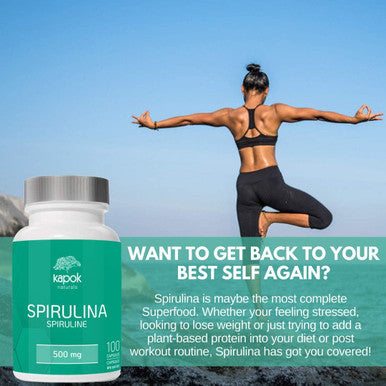 NEW Kapok Naturals Spirulina Capsules-Peruvian Non-Gmo, 100 Count