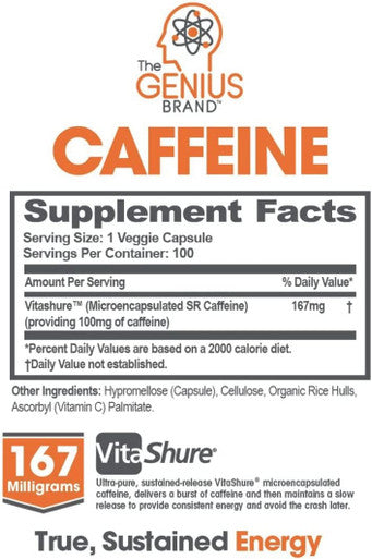 Genius Caffeine Extended Release Microencapsulated Caffeine Pills All Natural NonCrash Sustained Energy Focus Supplement Preworkout Nootropic Brain Booster For Men Women100 Count