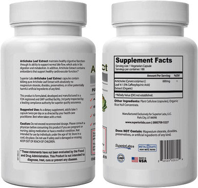 Superior Labs Organic Artichoke Leaf Extract NonGMO Powerful 5 Caffeoylquinic Natural Dietary Supplement for Healthy Metabolism Digestion Antioxidant 600 mg Dosage 180 Veg Caps
