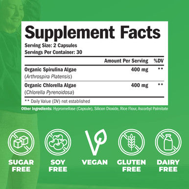 Spirulina Chlorella Green Superfood Capsules. Boosts Energy, Supports Cardiovascular Health. Antioxidant Properties for Detox and Cleanse