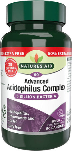 Natures Aid Acidophilus Complex 5 Billion Bacteria 90 Capsules (Lactobacillus Acidophilus Lactobacillus Rhamnosus Lactobacillus Casei Good Bacteria Shelf Stable Vegan Society Approved)