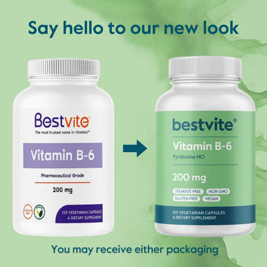 Bestvite Vitamin B-6 200mg (120 Vegetarian Capsules) - No Stearates - No Flow Agents - Vegan - Non GMO - Gluten