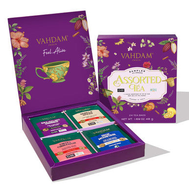 Vahdam Assorted Tea Set Variety Pack | 24 Different Flavour Individually Wrapped Pyramid Tea Bags | Herbal tea Green Tea Chai Tea