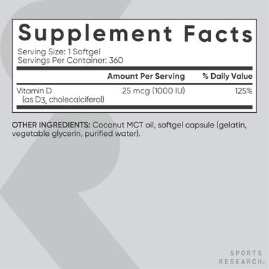 Sports Research Vitamin D3 1000 Iu With Coconut Mct Oil - High Potency Vitamin D Supplement For Immune & Bone Support - Non-Gmo Verified, Gluten & Soy - 25 Mcg (360 Liquid Softgels)