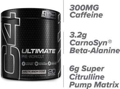 C4 Ultimate Pre Workout Powder Arctic Snow Cone Sugar Free Preworkout Energy Supplement for Men and Women 300mg Caffeine + 3.2g Beta Alanine + 2 Patented Creatines 20 Servings