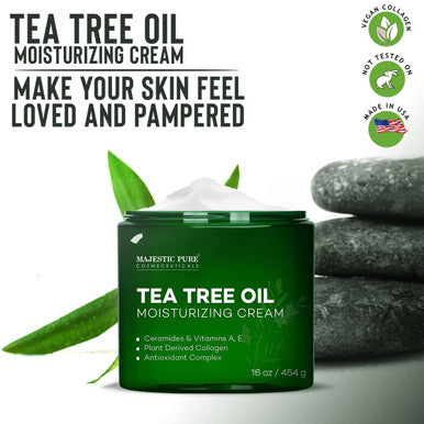 MAJESTIC PURE Tea Tree Oil Moisturizing Cream - Body, Foot & Face Moisturizer - With Ceramides, Vitamins A E & Vegan Collagen - For Dry Skin, Oily Skin, & Appearance Of Wrinkles, Acne & Scars - 16 oz