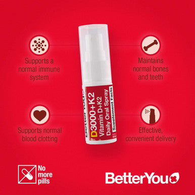 BetterYou Vitamin D+K2 Oral Spray | Natural Liquid Daily Multivitamin Spray and Immune System Support Supplement for Healthy Bones | 0.40 fl oz