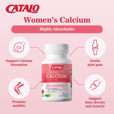 CATALO Womens Calcium Support Strong Bone and Delay Bone Loss Promote Joint Mobility 600mg Plant Based clinically Proven Algae Calcium per Serving with Vitamin D3 60 Tablets