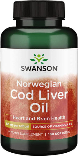 Swanson Cod Liver Oil - Wellness Supplement Promoting Bone Skin Health Vision Support & Immune System Function w/High Absorption Vitamin A - (180 Softgels 350mg Each)