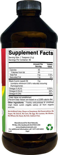 Best Naturals Black Seed Oil - Minimum 0.95% Thymoquinone (TQ) - Cold Pressed Nigella Sativa Aids in Digestive Health Immune Support Brain Function Joint Mobility Gluten Non GMO - 16 OZ