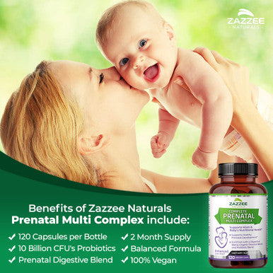Zazzee Extra Strength Prenatal Multi Complex, 120 Vegan Capsules, Enhanced With Mk7, 10 Billion Cfu 13-Strain Probiotic Blend