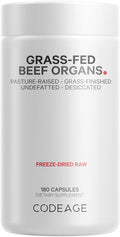 Codeage Grass Fed Beef Organs Supplement Glandulars Supplements - ze Dried Non-Defatted Desiccated Liver Heart Kidney Pancreas & Spleen Bovine Pills Beef Vitamins - Non-GMO -180 Capsules