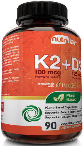 NutriFlair Vitamins D3 (5000iu/125mcg) + K2 (as Mk7) - Made with Plant-Based Ingredients Plus BioPerine Black Extract, 90 Capsules - Supports Healthy Immune, Heart and Health - Non-GMO Pills