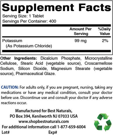 Best Naturals Potassium Chloride Supplement 99mg 400 Tablets - 3rd Party Lab Tested