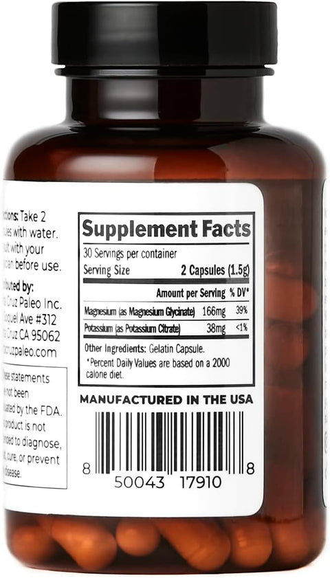 Santa Cruz Paleo Magnesium + Potassium Caps Supplement For Men And Women Paleo Keto Sugar and Gluten Magnesium Glycinate 166Mg And Potassium Citrate 38Mg Per Serving American Made 60 Caps