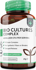 Super Strength 40 Billion Cfu Bio Cultures Complex With 15 Live Strains Advanced Multi Strain Formula Vegan Capsules Digestive Enzyme Supplement For Men & Women Made By Nutravita