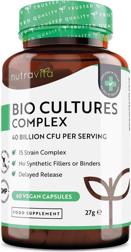 Super Strength 40 Billion Cfu Bio Cultures Complex With 15 Live Strains Advanced Multi Strain Formula Vegan Capsules Digestive Enzyme Supplement For Men & Women Made By Nutravita