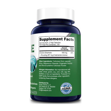NusaPure Choline Bitartrate 650 mg.200 Veggie Capsules (Vegetarian, Non-GMO & Gluten-Free)