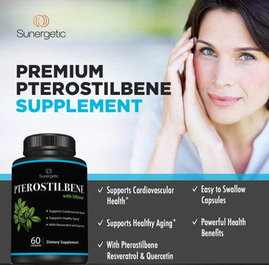 Sunergetic Premium Pterostilbene Supplement ÃƒÂ¢Ã¢â€šÂ¬Ã¢â‚¬Å“ Pterostilbene with Resveratrol & Quercetin ÃƒÂ¢Ã¢â€šÂ¬Ã¢â‚¬Å“ Supports Healthy Aging ÃƒÂ¢Ã¢â€šÂ¬Ã¢â‚¬Å“ Natural Source Pterostilbene 100mg per Serving ÃƒÂ¢Ã¢â€šÂ¬Ã¢â‚¬Å“ 60 Capsules