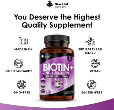 Biotin Hair Growth Vitamins 12,000Mcg D-Biotin Tablets Enriched With Zinc & Selenium Vegan Hair Skin & Nails Vitamins For Women And Men High Strength Hair Vitamins 6 Months Supply Uk Made - Leaf