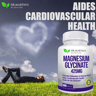 Premium Magnesium Glycinate 425mg - 180 Vegan Capsules - Helps with Stress Relief, Sleep, Muscle Cramps & Healthy Heart |