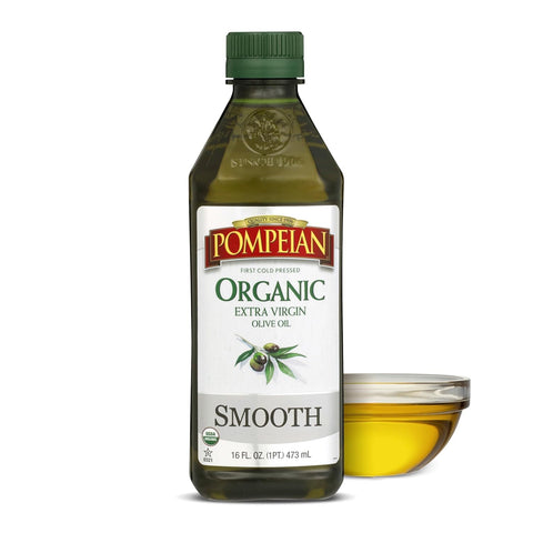 Pompeian Smooth Organic Extra Virgin Olive Oil - 16 fl oz | First Cold Pressed Olive Oil for Cooking - Smooth Taste for Sauteing, Stir-Frying, and Baking