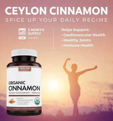 USDA Organic Ceylon Cinnamon 120 Tablets 1000mg per Serving Cinnamon Bark Supplement for Natural Support No Powder Capsules or Pills