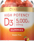 Carlyle Vitamin D Gummies | 5000iu | 180 Count | Vegetarian, Non-GMO, and Gluten Free Formula | High Potency Vitamin D3 Supplement | Natural Peach Flavored Gummy