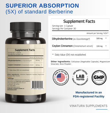 Dihydroberberine Supplement 500Mg With Ceylon Cinnamon - (Patented Glucovantage Super Berberine), Maybe Berberine 5X More Absorbable - 30 Capsules