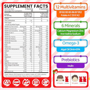 Natisland Iron Gummies For Kids & Teens Kids Multivitamin With Iron Supplement Vitamin B Complex A C D3 Calcium Zinc Dha Prebiotic Blood Builder & Energy Support For Iron Deficiency Vegan 60 Ct