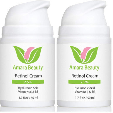 Amara Beauty Retinol Cream For Face 2.5% With Hyaluronic Acid & Vitamins E & B5 1.7 Fl. Oz.