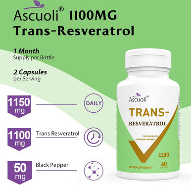 99% Ultra Purity Ascuoli Trans-Resveratrol 1100Mg, 3-In-1 Advanced Formula Organic Resveratrol Supplement, Max Antioxidant Anti-Aging, Skin Health, Cell Repair Boost Nad+, Immune & Energy, 60 Capsules