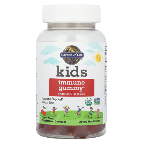 Garden Of Life Kids Immune Support Gummies With Vitamin C D As D3 & Zinc For 3-In-1 Daily Children S Immunity Organic Non-Gmo Gluten-Free Vegetarian Sugar Free Cherry Flavor 30 Day Supply