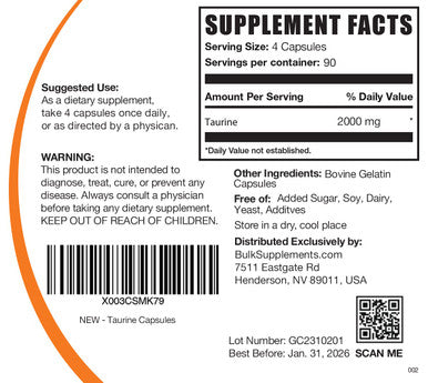 BulkSupplements Taurine Capsules - Taurine Supplement, Amino Supplement - 4 Taurine 500mg Capsules (2000mg), Taurine Pills - 90-Day Supply (360 Capsules)