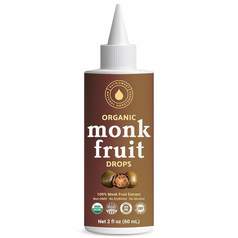 Organic Monk Fruit Liquid Sweetener Drops, 100% Pure Extract, Zero Sugar & No Erythritol, Unflavored Liquid Monk Fruit for Coffee, Tea, Drinks & Baking, 2 fl oz