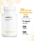 Supersmart LOptiZinc 30 mg Per Day Zinc Antioxidant Supplement Support Healthy Respiratory System NonGMO Gluten Free 120 Tablets