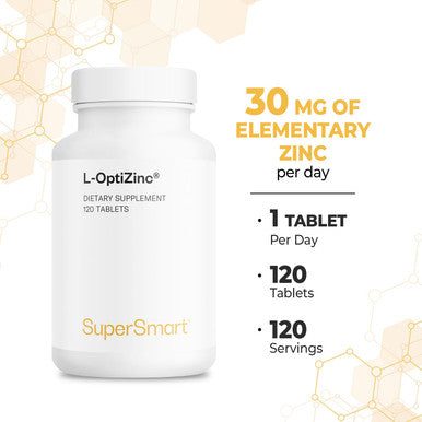 Supersmart LOptiZinc 30 mg Per Day Zinc Antioxidant Supplement Support Healthy Respiratory System NonGMO Gluten Free 120 Tablets