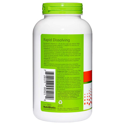 NutriBiotic Vitamin C + Vitamin D3 and Zinc Potent Comprehensive Immune Support Essential and Antioxidant Daily Supplement Gluten and GMO 250 Capsules