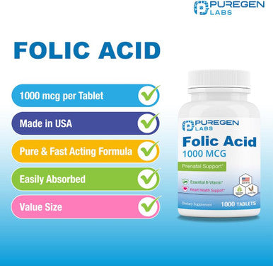 Puregen Labs Folic Acid 1000 Mcg Tablets Vitamin B9 Non-Gmo Gluten Made In Usa Value Size 1000 Tablets