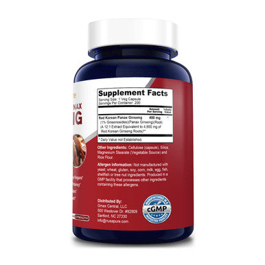 NusaPure Red Korean Panax Ginseng 4,800mg 200 Veggie Caps (Non-GMO, Extract 12:1 & Gluten-Free)