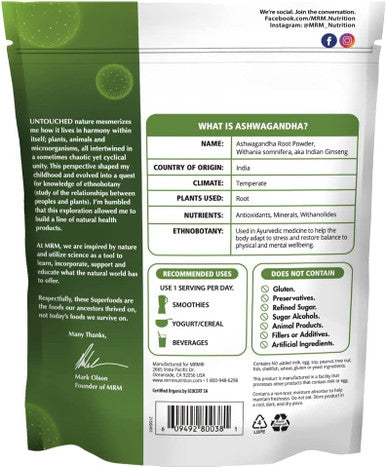 MRM Nutrition Organic Ashwagandha Root Powder | Ancient adaptogen | Stress + Mood Support | Gluten- + Vegan | 113 Servings