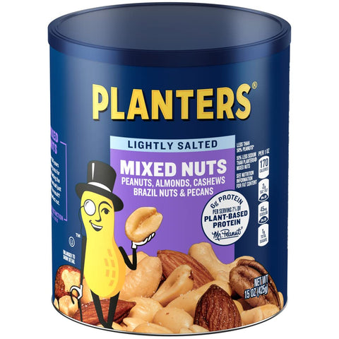 PLANTERS Lightly Salted Mixed Nuts, Plant Based Protein, 15 Oz (1 Ct) | Mixed Nuts: Almonds, Cashews, Brazil Nuts, Peanuts, Pecans. Snacks for Adults. Resealable Canister. Party Snack