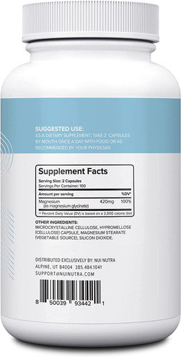 Nui Nutra Magnesium Glycinate Capsules Supplement | 420mg | 200 Capsules | Supports Heart, Sleep, Bone, Relaxation & Cardiovascular System | for Men & Women