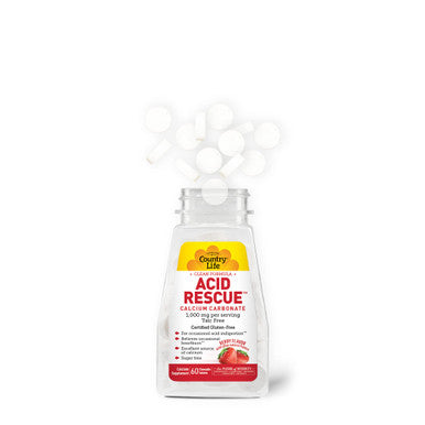 Country Life Acid Rescue Calcium Carbonate Clean Formula 1 000Mg Talc Free 60 Chewable Berry Flavor Tablets Sugar-Free Certified Gluten Free Certified Vegan Non-Gmo Verified