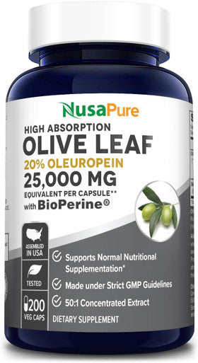Nusapure Olive Leaf Extract (Non-Gmo) 25000Mg - 20% Oleuropein - Vegetarian - Super Strength - No Oil