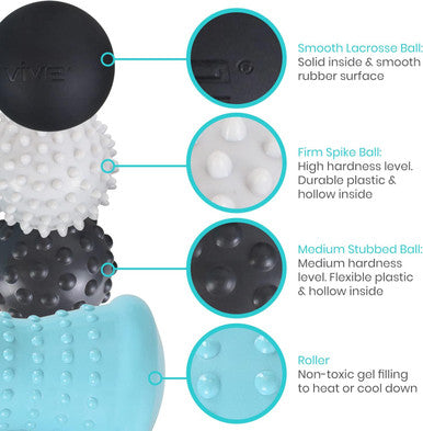 Vive Massage Ball Set (4 Piece) - Foot Pain Hot Cold Therapy Kit - Plantar Fasciitis, Heel Spur, Sore Muscles, Trigger Point - Back, Arm, Neck, Shoulder, Leg Circulation Roller - Pt Spike Massager