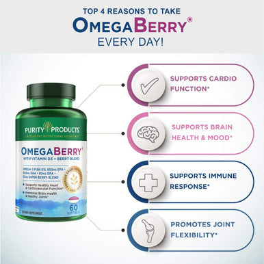 OmegaBerry Fish Oil with Vitamin D3 and Organic Acai 1250mg Concentrated Molecularly Distilled Ultra Pure Omega3 Fish Oil 500mg DHA 650mg EPA 60 Soft Gels 30 Day Supply from Purity Products