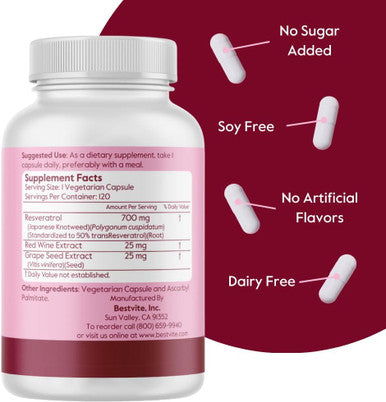 Bestvite Resveratrol 700mg (120 Vegetarian Capsules) with Red Wine Extract & Grape Seed Extract - Standardized to 50% TransResveratrol - No Stearates - Vegan - Non GMO - Gluten